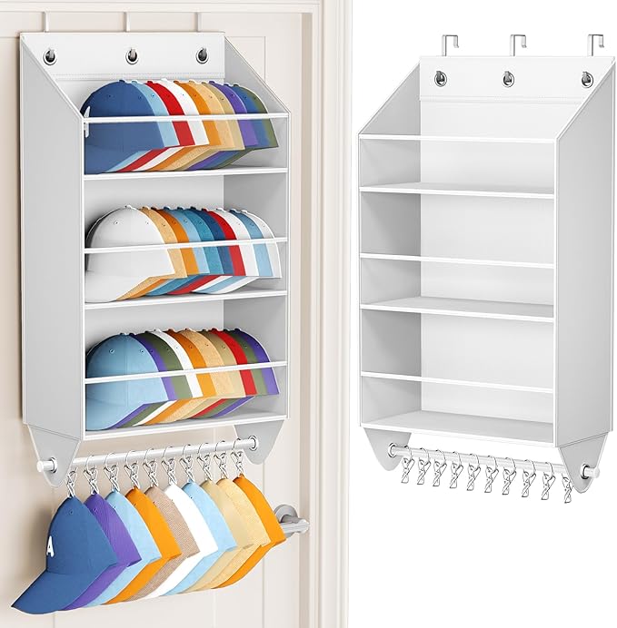 Over the Door Hat Rack - 3-Layer Design Hat Organizer Holds 30-36 Hats with 10 Hooks, Ideal Hat Rack for Door, Over the Door Organizer for Closet, Apartment, Bedroom, Dorm, 1 Pack, White