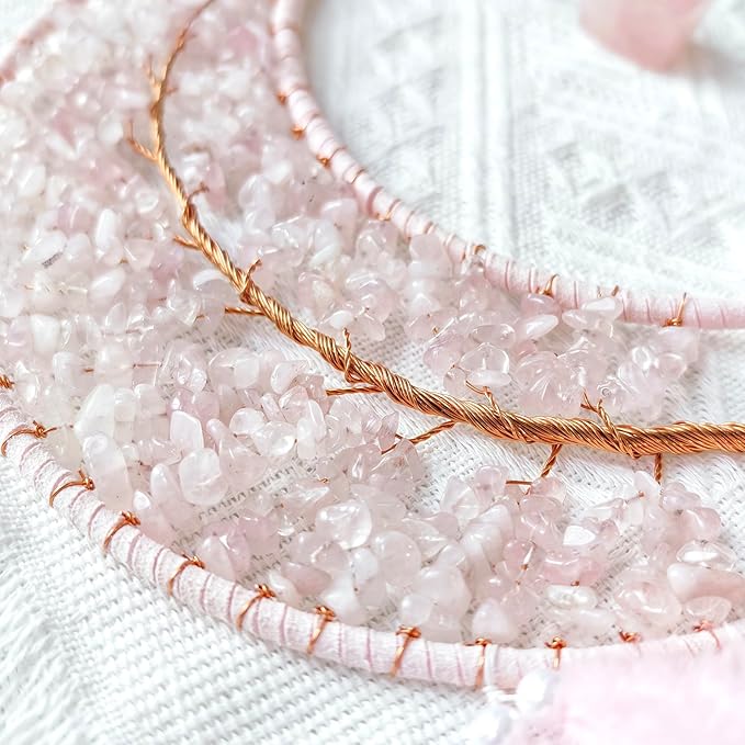Moon Dream Catchers with Chakra Gemstone Agate Stone, Crystal Tree Life Dream Catchers Wall Hangings Room Decor (Pink)