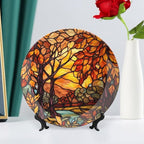 Thanksgiving Decorative Plates for Home Decor, Stained Glass Design Fall Tree Landscape Decor Tray for Table Display, Ceramic Dinner Plate W/ Stand, Decor for Kitchen, Housewarming Gifts, 10 Inch