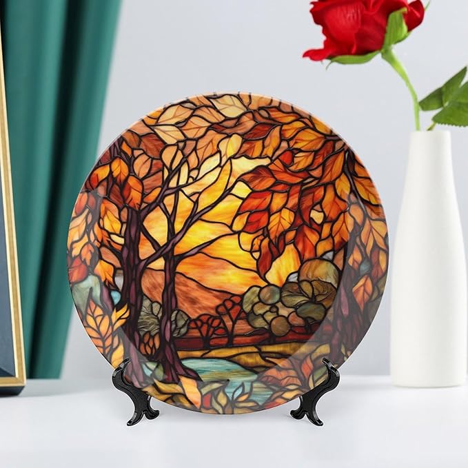 Thanksgiving Decorative Plates for Home Decor, Stained Glass Design Fall Tree Landscape Decor Tray for Table Display, Ceramic Dinner Plate W/ Stand, Decor for Kitchen, Housewarming Gifts, 10 Inch