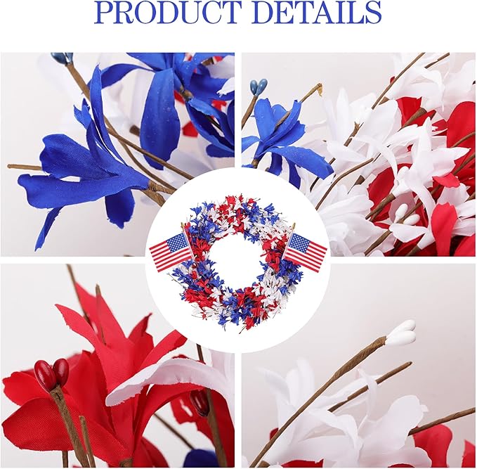 4th of July Wreath Patriotic Wreath 22 Inch Independence Day Wreaths for Front Door with Red White Blue Flag Forsythia Flowers for American Memorial Day Flag Day Indoor Outdoor Decor