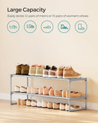 SONGMICS Shoe Rack, 2-Tier Shoe Organizer, Metal Storage Shelf, Upright or Upside Down, for 12-15 Pairs, Stackable, for Entryway, 11.8 x 36.2 x 14.6 Inches, Gray ULSA012G01