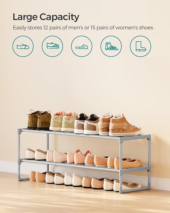 SONGMICS Shoe Rack, 2-Tier Shoe Organizer, Metal Storage Shelf, Upright or Upside Down, for 12-15 Pairs, Stackable, for Entryway, 11.8 x 36.2 x 14.6 Inches, Gray ULSA012G01