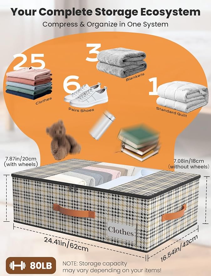 2-Pack Under Bed Storage Bins with Wheels and 4 Vacuum Seal Bags, Heavy Duty 80lbs Capacity,7.9" Height Clear Lid Organizer for Dorm Bedroom Clothes Shoes Toys,Quick Assembly Space Saver Houndstooth