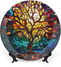 Stained Glass Theme Decorative Ceramic Plate Round Porcelain Plate,10 inch,Tree of Life Pattern,for Decorative Ornaments Giving Plates, 1 Plate with 1 Display Stand,Multicolor
