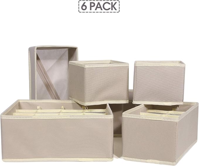 6 Pack Foldable Drawer Organizer Dividers Cloth Storage Box Closet Dresser Organizer Cube Fabric Containers Basket Bins for Underwear Bras Socks Panties Lingeries Nursery Baby Clothes Beige