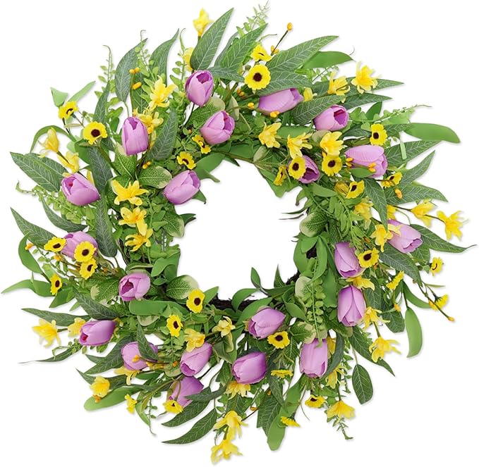 Spring Summer Wreaths for Front Door,22 Inch Artificial Purple Tulip Wreath with Wildflowers,Eucalyptus Leaves for Indoor Outdoor Wall Porch Festival Farmhouse Home Holiday Decor.