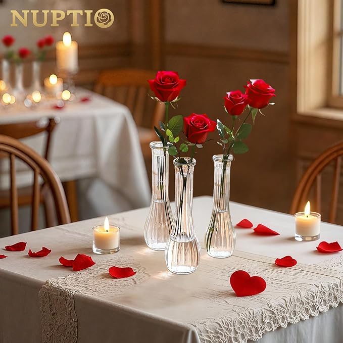 NUPTIO Glass Bud Vases Centerpiece: 3 Pcs Small Flower Vase for Wedding in Bulk - Cute Clear Ribbed Vase for Party Events Home Table Decor