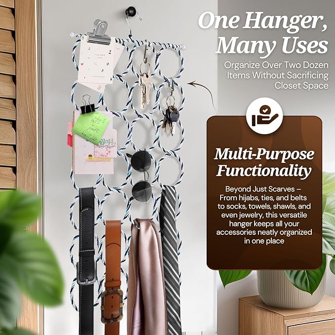 Flexzion Scarf Organizer for Closet - 28 Slot Scarf Hanger Hijab Organizer, Space Saver for Socks, Shawls, Ties, Towels, Belts, Multi Purpose Hanging Rack Storage, 2 Pack Colors May Vary