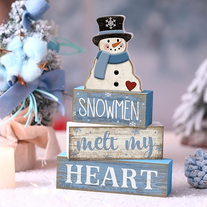 Moucuny 4 Pcs Winter Table Decorations Blue and White Snowman Decor Winter Tiered Tray Decor Valentines Day Centerpiece Rustic Decorative Hat Snowman Block Signs Gift Farmhouse for Home Kitchen Shelf