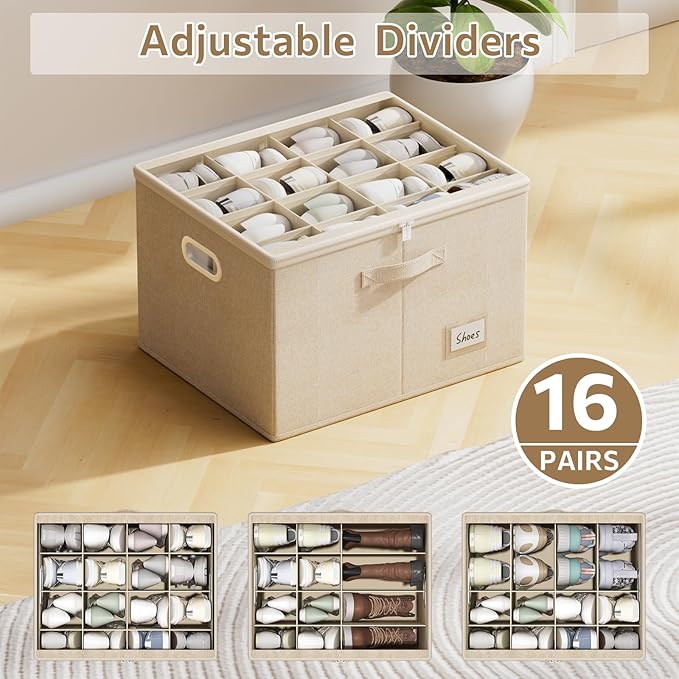 2 Pack Shoe Organizer for Closet Large Shoe Box Storage Containers with Clear Window Space Saving Shoe Bin with Foldable Bottom Support Adjustable Dividers Fits 32 Pairs (Beige, (19.7x15.7x13inch)x2)