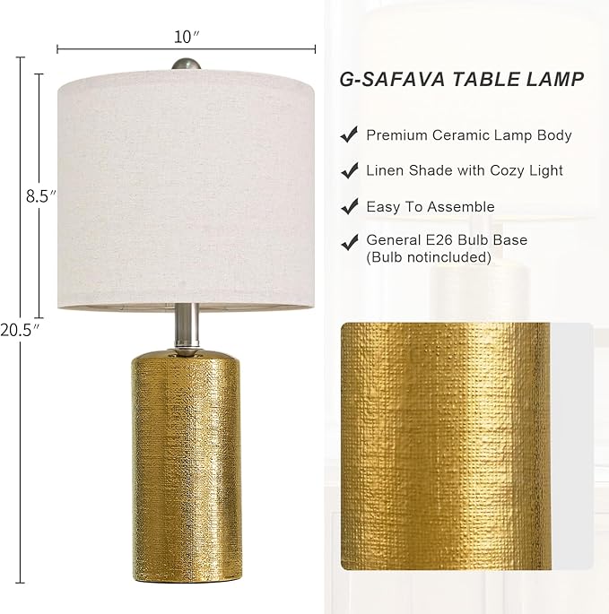 G-SAFAVA 20.5" Small Table Lamps for Living Room Lamp Set of 2 Ceramic Lamps for Bedroom Bedside Lamps Modern Boho Lamps for Night Stands Farmhouse Nightstand Lamp Side End Table Lamp, Gold