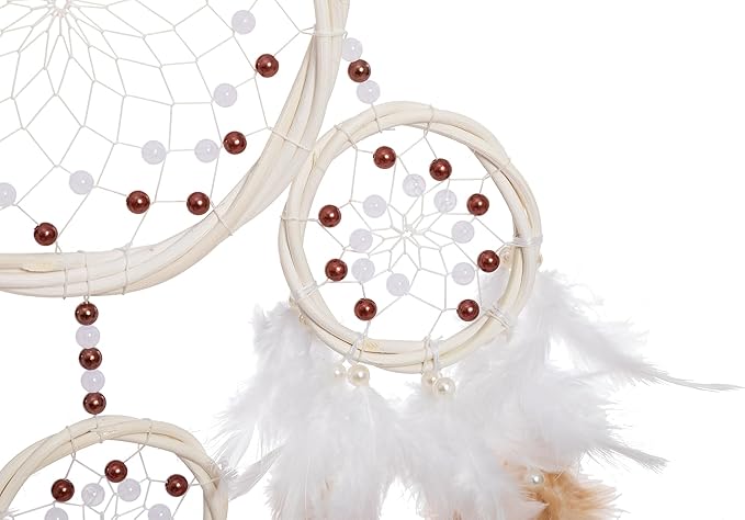 Large Rattan Dream Catchers - Brown Rooster Feather with Luxury Pearl, Multiring, Handmade Dreamcatcher for Bedroom, Dream Catcher for Girls, Dream Catchers for Boys, Dream Catcher Wall Decor