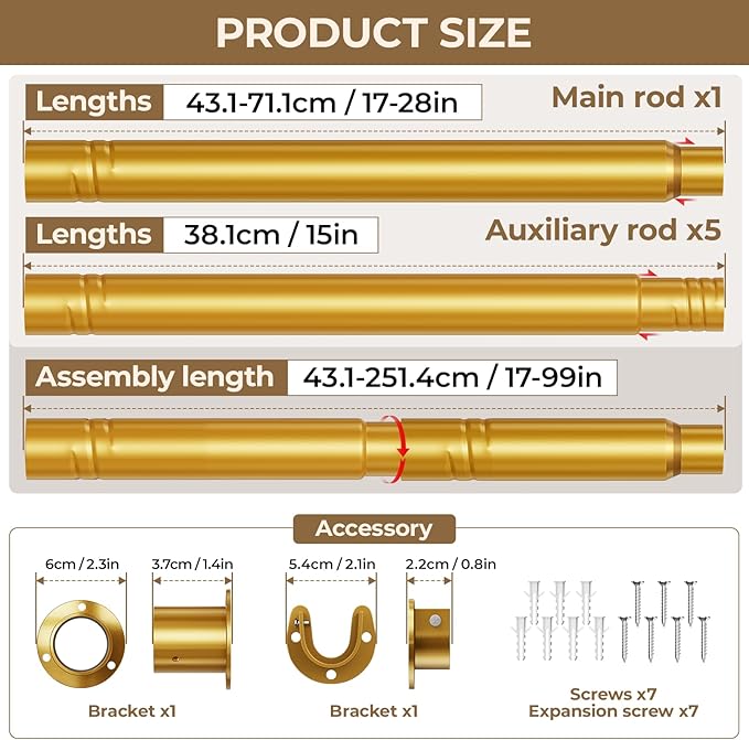 Mavivegue Closet Rod, 17 to 99 Inch Gold Adjustable Closet Rods for Hanging Clothes, Hanging Rod for Closet Wardrobes Laundry RV, Bathroom