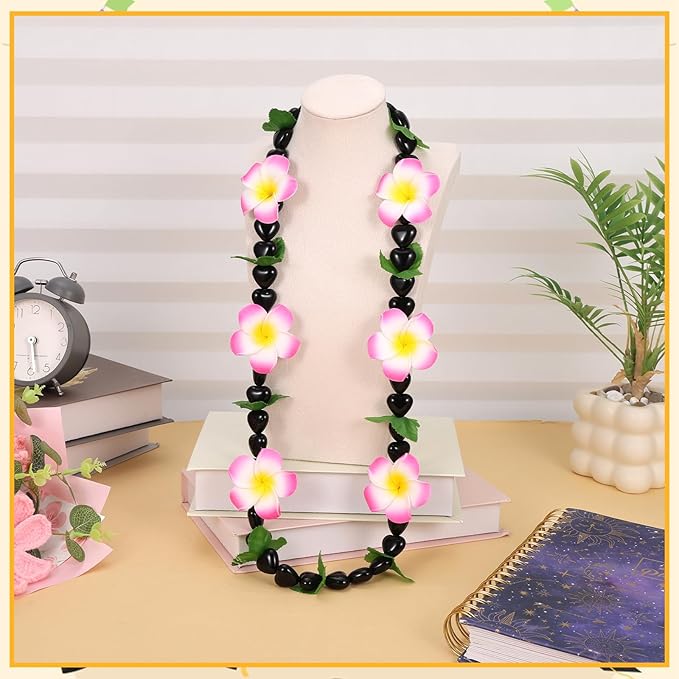 2 Pack 48 Inch Hawaiian Graduation Kukui Nut Money Lei 3D Artificial Plumeria Flower Tropical Hawaii Luau Wreaths for High School College 2026 Grad Party Accessories