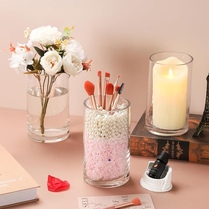 Large Hand Blown Sturdy Clear Cylinder Glass Vase, Centerpiece Flower Vase for Rose, Tulip, Boquets, Hurricane Candle Holder (2, 4"x7")