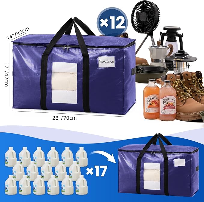 TAILI 12 Pack Dark Blue Extra Large Moving Bags, Heavy Duty Totes with Visible Window, Wrap Around Handles, Great for Space-Saving