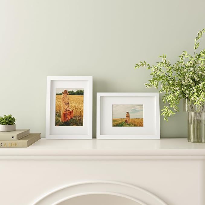 Egofine A4 Picture Frames Set of 4, Made of Solid Wood Covered by Plexiglass 5x7 and 6x8 with Mat or A4 whitout Mat, for Table Top Display and Wall Mounting Photo Frame White