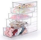 Hipiwe 5-Drawers Plastic Storage Organizer, Clear Hair Accessories Organizer with Large Capacity for Bathroom, Dresser, Cosmetic Hair Tie Container for Girls Women