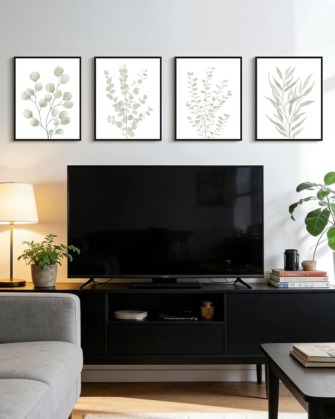 Drsoum Botanical Plant Framed Wall Art Boho Wall Decor for Bathroom Sage Green Eucalyptus Leaf Prints Minimalist Aesthetic Ready to Hang Set of 4, 11x14 in (Black Framed)