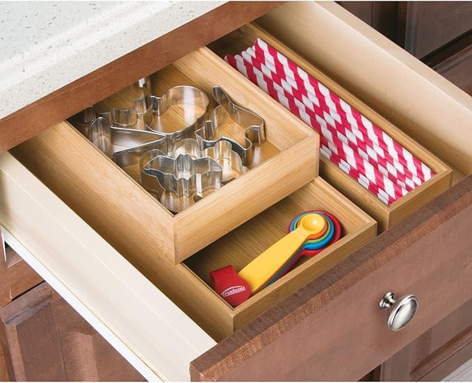 mDesign Pack of 2 Functional Drawer Organiser — Elegant Bamboo Kitchen Drawer Divider for Cutlery, Silverware, Utensils – Convenient Drawer Separator – Light Brown