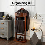 Wood Suit Valet Stands, Freestanding Clothing Valet Stand Man and Women Clothes Suit Rack with Drawer for Entryway Office Living Room, 22 lbs (Brown)