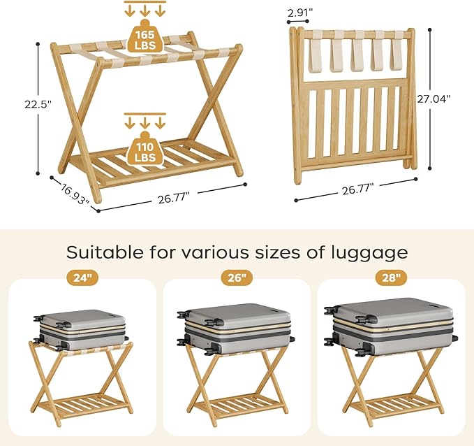 Fully Assembled Luggage Rack, 26.77" Luggage Rack for Guest Room, Bamboo Folding Suitcase Stand with Storage Shelf, 5 Nylon Straps, Heavy Duty Luggage Holder for Bedroom Hotel, 1 Pack, Natural