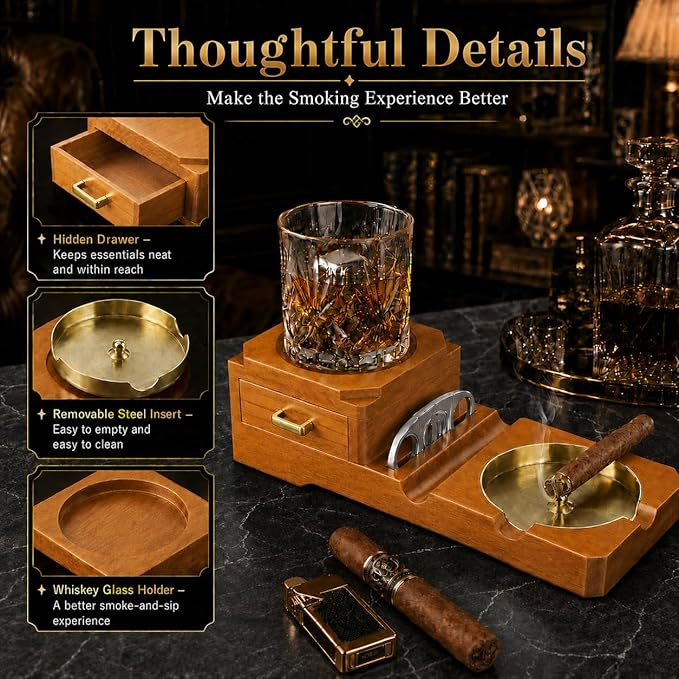 Cigar Ashtray Gift Set with Cigar Cutter, Whiskey Glass Tray and Wooden Ash Tray Outdoor Ashtray for Cigarettes, Great Decor for Home Office cigar Gifts for Men