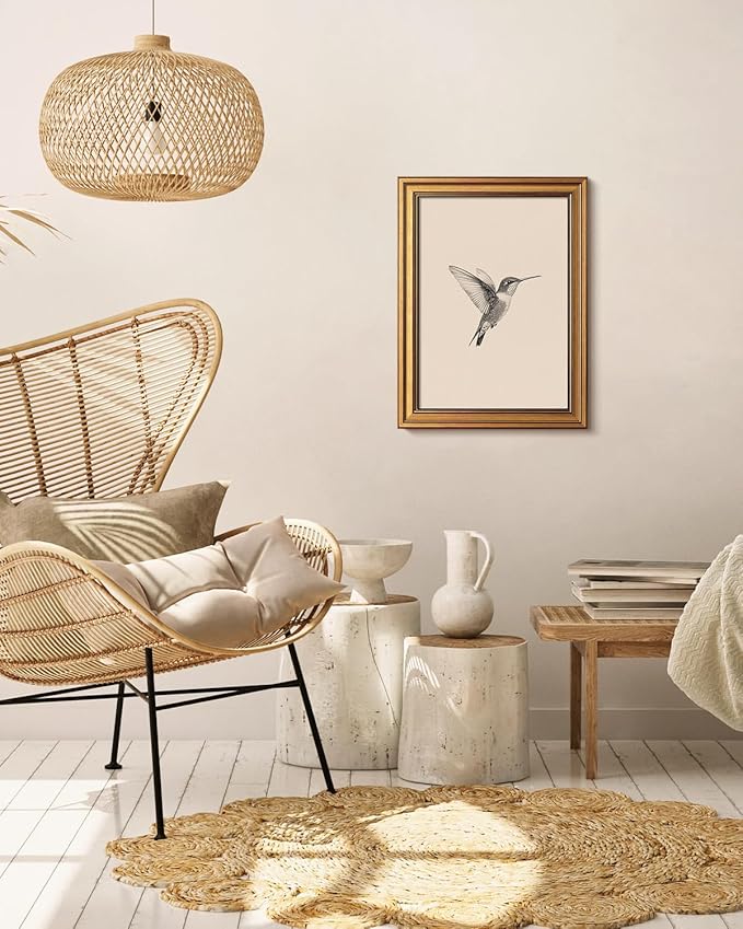 VIYYIEA Vintage Gold Framed Wall Art for Living Room, Birds Canvas Prints Home Decor, Sketch Painting Picture, Bedroom Wall Decor Gifts for Friends or Family -【Hummingbird】-(16L x 12W)