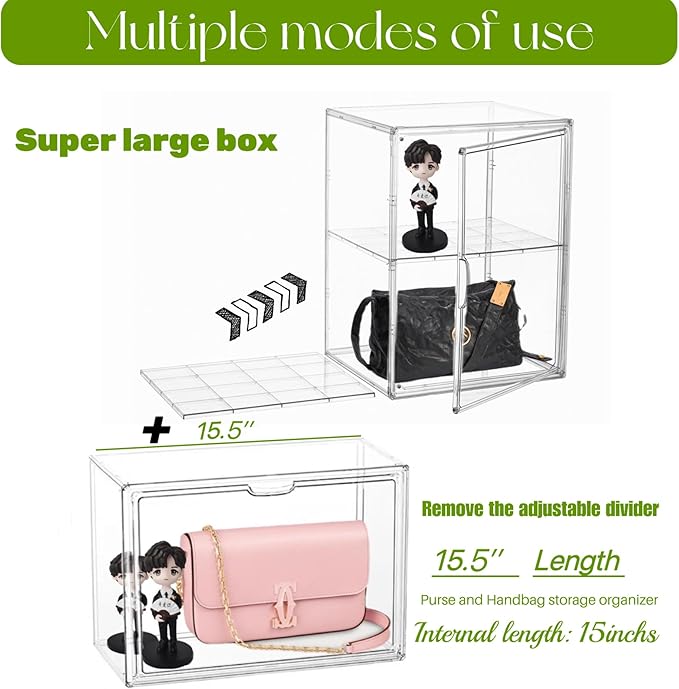Acrylic Display Case with an Adjustable Divider, 2 Tiers XXX-Large Boot Shoe Storage Boxes Clear Plastic Stackable Storage Bin with Lids,2 Pack Super Large Clear Display Box for Shoes, Collectibles