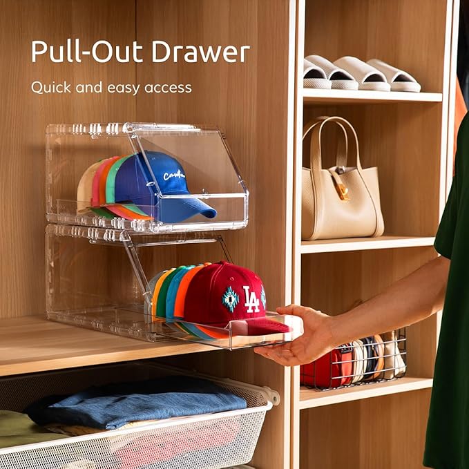 2 Pack Hat Organizer for Baseball Caps – Stackable Clear Display Box with Sliding Drawer, Holds 15 Baseball Caps, Closet and Shelf Organizer for Hats, Transparent Display with Anti-Slip Feet