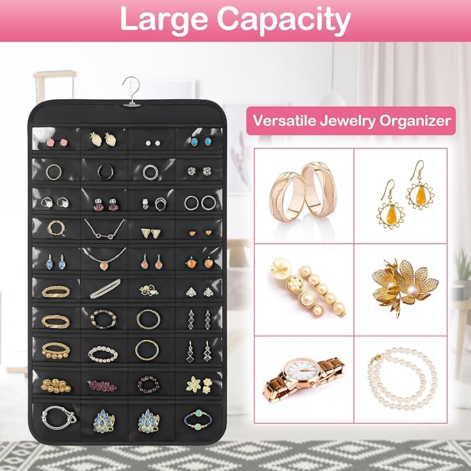 3 Pack Hanging Jewelry Organizer, 80 Clear Pockets earring organizer and storage, Accessories holder organizer for Closet, Jewelries, Necklace, Travel