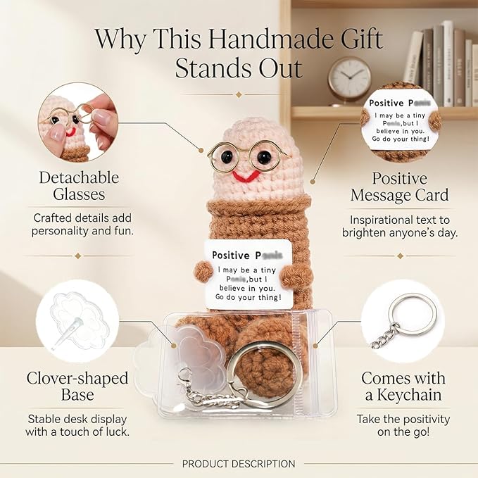 Handmade Positive Crochet Gift with Emotional Support Message Card, Funny Desk Decor Novelty Gift for Women, Boyfriend, Husband, Men, Friends, Coworker(Brown Doll-1pcs)