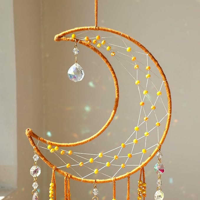 Artilady Moon Dream Catchers - Yellow Dream Catcher with Crystals Princess Room Decor for Girls Kids Adults Baby Bedroom Room Decor Christmas Birthday Teen Girl Gifts