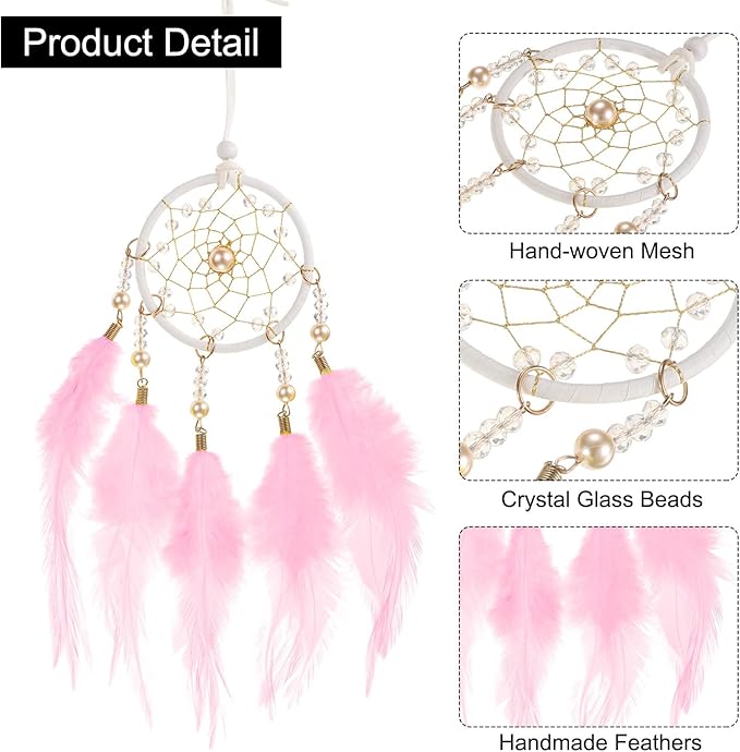 uxcell 2pcs Dream Catchers, Small Handmade Feather Dreamcatcher Supplies Car Charm with Crystal Beads Wall Hanging Decor for Home Car Decoration Ornament Women Friend Gift, Pink