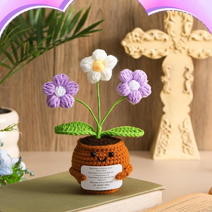 Wavwavw Christian Gift for Women Positive Handmade Crochet Doll with Bible Verse Prayer Card Inspirational Scripture Religious Crochet for Christmas Sunday Group Church(Purple Puff Flower)