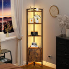 Furnulem Corner Shelf,5-Tier Corner Cabinet with Storage and LED Light, 62.8” Standing Display Bookshelf for Bedroom, Living Room, Kitchen, Wood Display Shelf (Rustic Brown)