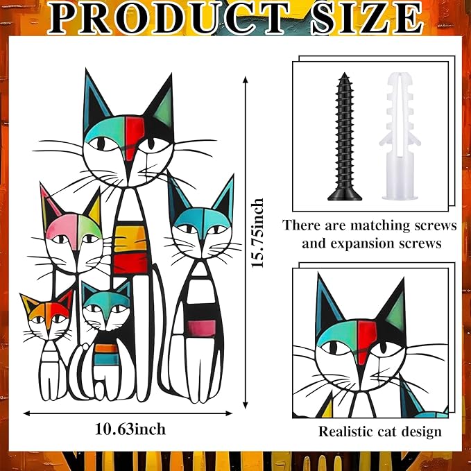Wesiti Cat Wall Art Decor Metal Cat Wall Sculptures Room Decor for Cats Lover 10.6 x 15.7 Inches Colorful Mid Century Retro Wall Art for Home Living Room Bedroom Kitchen Office