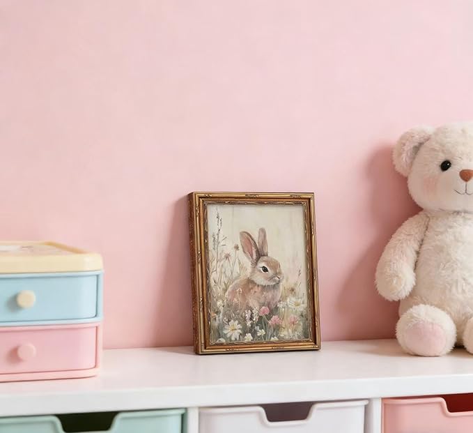 Vintage Gold Framed Bunny Wall Art, Spring Rabbit and Wildflowers Cottagecore Painting Canvas Print, Country Animal Picture Wall Decor Rustic Farmhouse Floral Poster Artwork for Living Room Bedroom