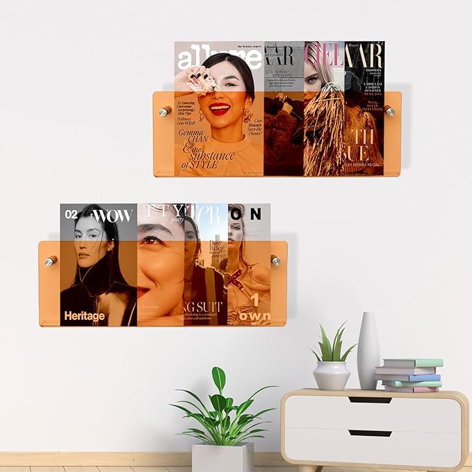2-Pack 17 Inch Orange Acrylic Magazine Holder, Sleek Wall Mounted Brochure Rack & Floating Bookshelf, Modern Vibrant Magazine Display for Office, Waiting Room, Living Room, Fashion Home Decor