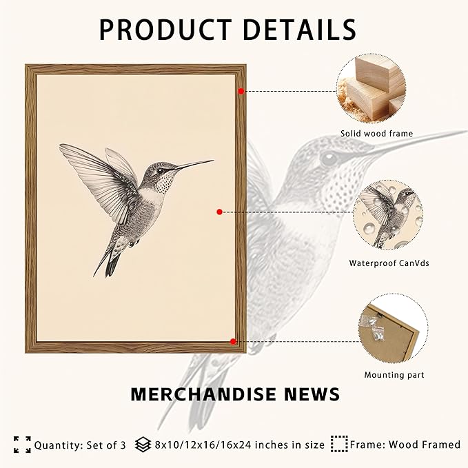 Vintage Framed Wall Art, Birds Canvas Prints, Hummingbird Sketch Painting Picture, Neutral Farmhouse Artwork Wall Decor for Living Room Bedroom – Dark Wooden Frame 16x24in
