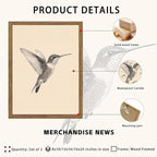 Vintage Framed Wall Art, Birds Canvas Prints, Hummingbird Sketch Painting Picture, Neutral Farmhouse Artwork Wall Decor for Living Room Bedroom – Dark Wooden Frame 12x16in