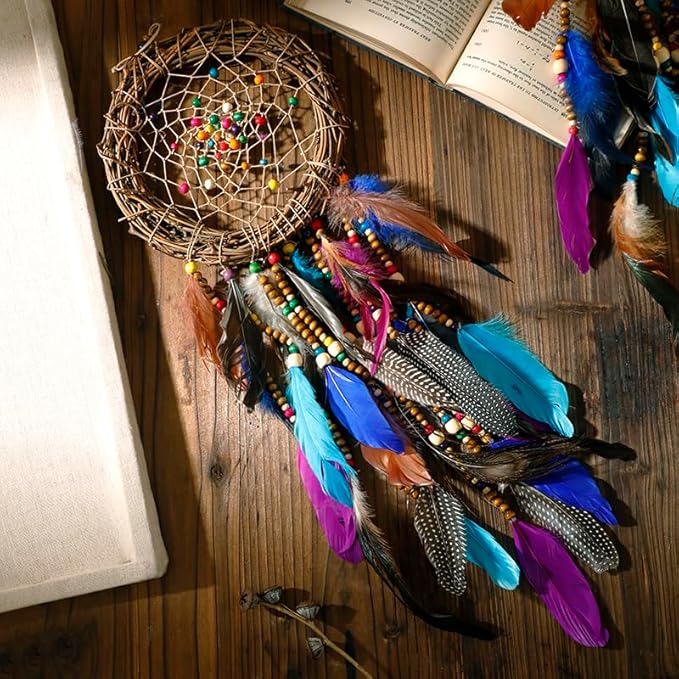 Dream Catcher Native American Boho Dreamcatcher Rattan Wall Decor, Handmade Natural Peacock Feathers Purple Colorful Beaded Hanging Ornament Indian Decor for Girls Bedroom(Purple Peacock Feather)