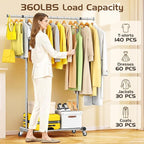 Clothes Rack for Hanging Clothes, Sturdy Stainless Steel Clothing Rack, Portable Garment Rack with Extendable Hanging Rod, Adjustable Rolling Coat Rack with Anti-Slip Wheels for Home Conmercial Store