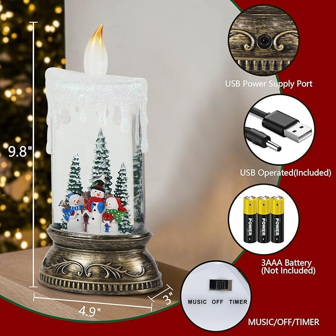 Eldnacele Christmas Music Snow Globe Lantern with 6H Timer Battery Operated & USB Powered Lighted Snowman Family Singing Snow Globe Candle Lamp Spinning Water Glitters Xmas Holiday Decor