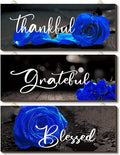 Hillban 3 Pieces Rose Wooden Wall Decor Rose Bathroom Decor Thankful Grateful Blessed Accessories Inspirational Wall Art Signs for Living Room Kitchen Wedding(10 x 4 Inch,Blue)