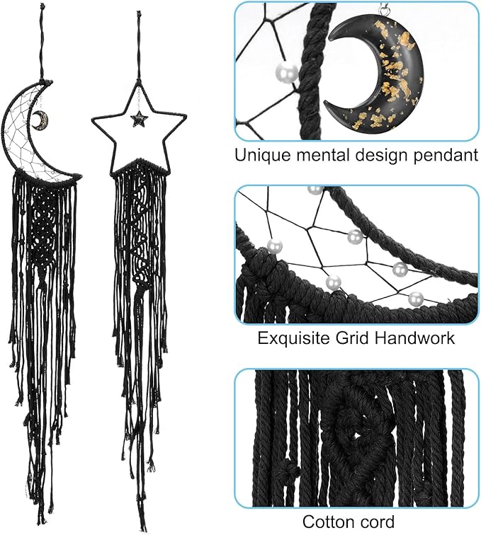 PATIKIL Moon Star Dream Catcher Decor, 39" Boho Dream Catcher Macrame Woven Wall Hanging for Home Decor Bedroom Accessories Cafes Wedding Decoration, Black