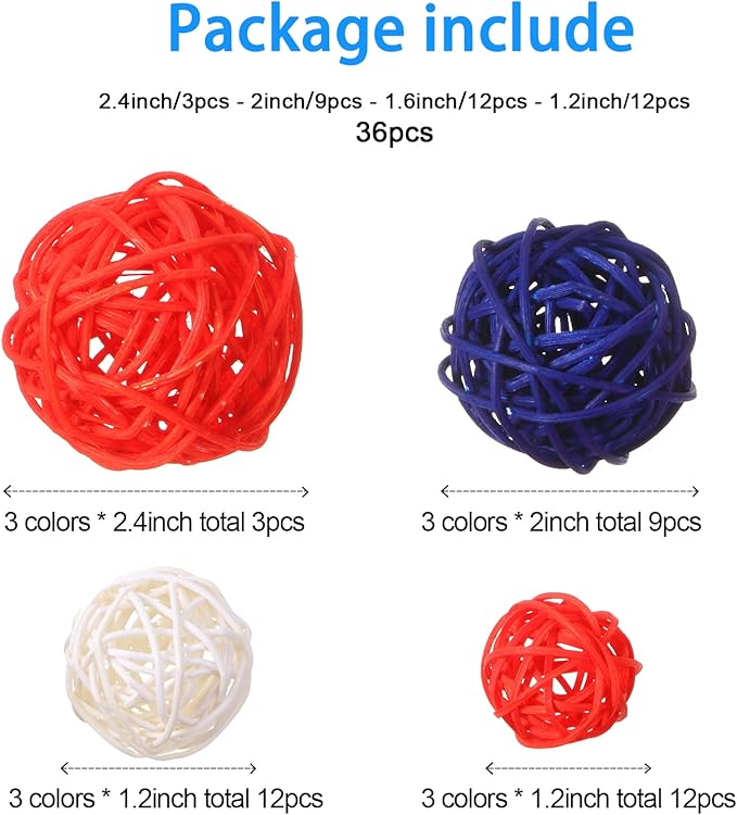 Patelai 36 Pcs Wicker Rattan Balls Decorative Balls for Vase Centerpiece Bowls Orbs Filler for Home Decor,4 Sizes(Royal Blue, White, Red,2.4'',2'',1.6'',1.2'')
