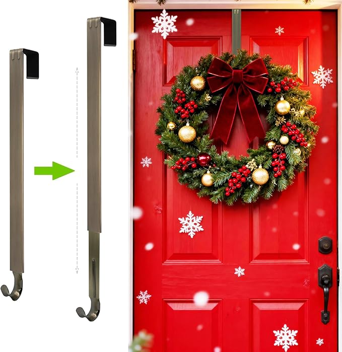Wreath Hanger for Front Door, Adjustable from 15" to 25" Wreath Door Hanger for Christmas Fall Wreaths Decorations Hook, Brushed Nickel