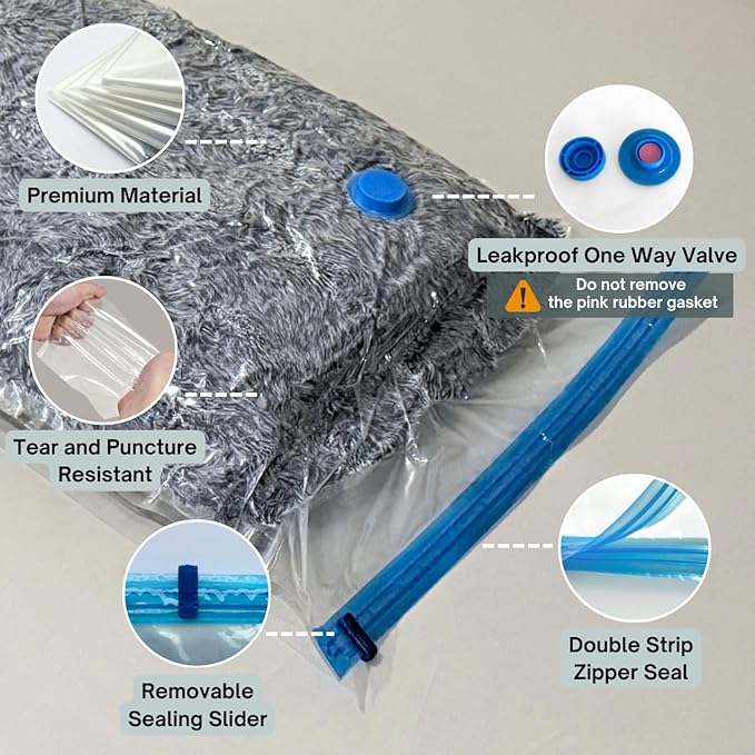 8 Mega Jumbo XXL Vacuum Storage Bags with Pump, Supersized Compression Space Saver for Comforter, duvet, Bedding, Blanket storage, Vacuum Seal Bags for Clothing, Durable Safe Poly Material